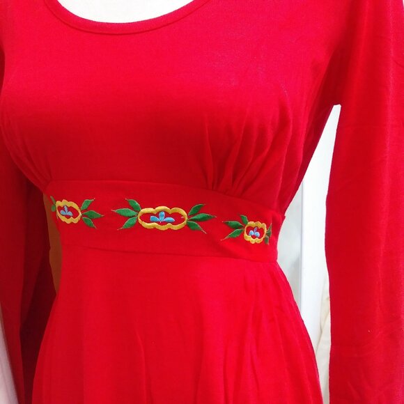 1970's Vintage Red Maxi Peasant Dress w/ Embroidered Waistband by Styled by Mr. - Picture 5 of 10